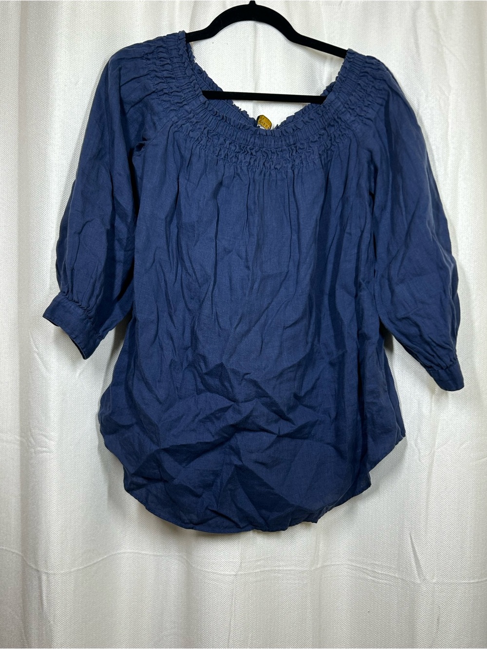 Polo Ralph Lauren 100% Linen Smocked Neckline Top Shirt Sz Small Navy Blue